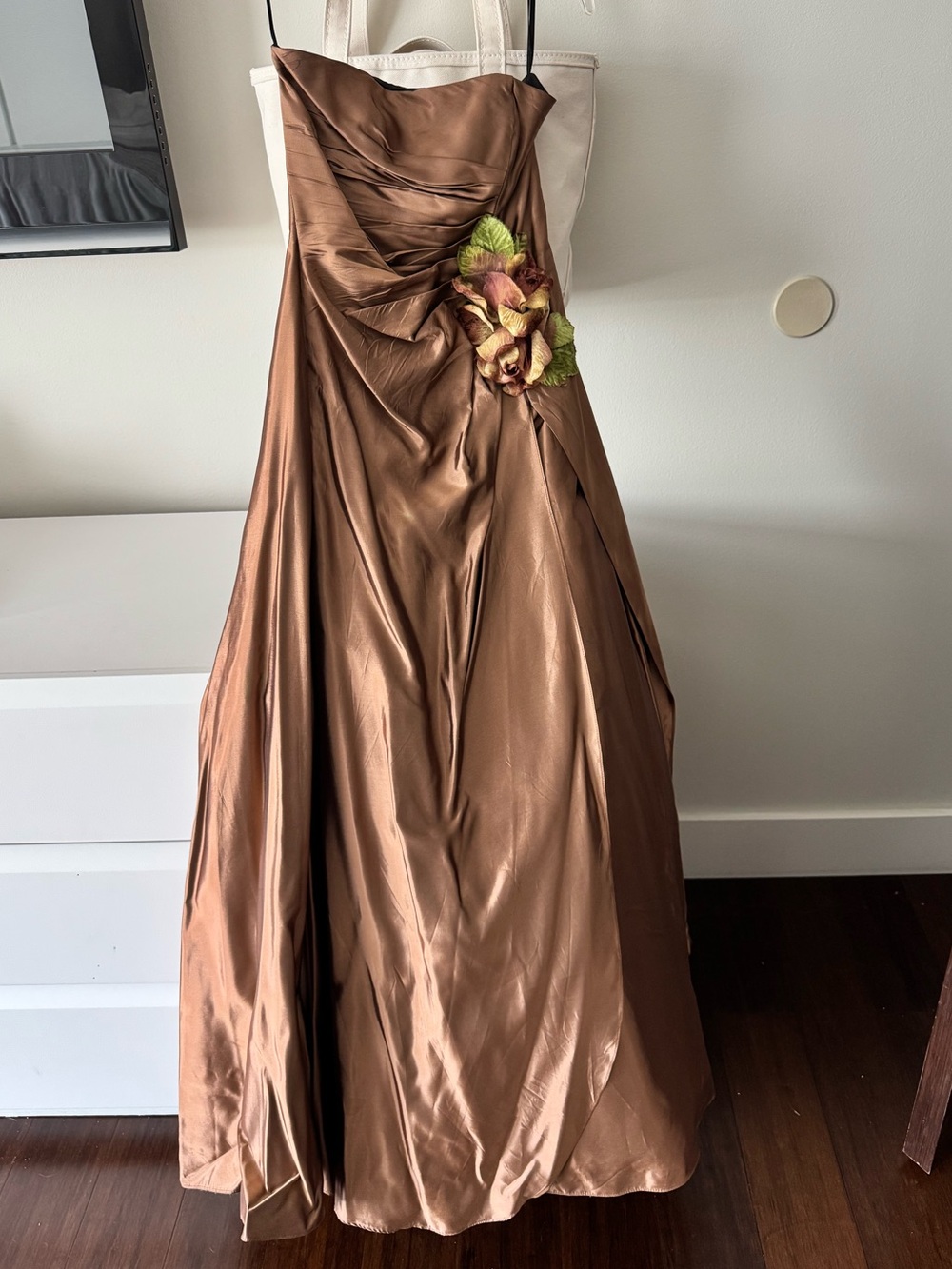 Jessica MACLINTOCK Strapless Satin Evening Gown w/ Velvet Floral Accent - Bronze